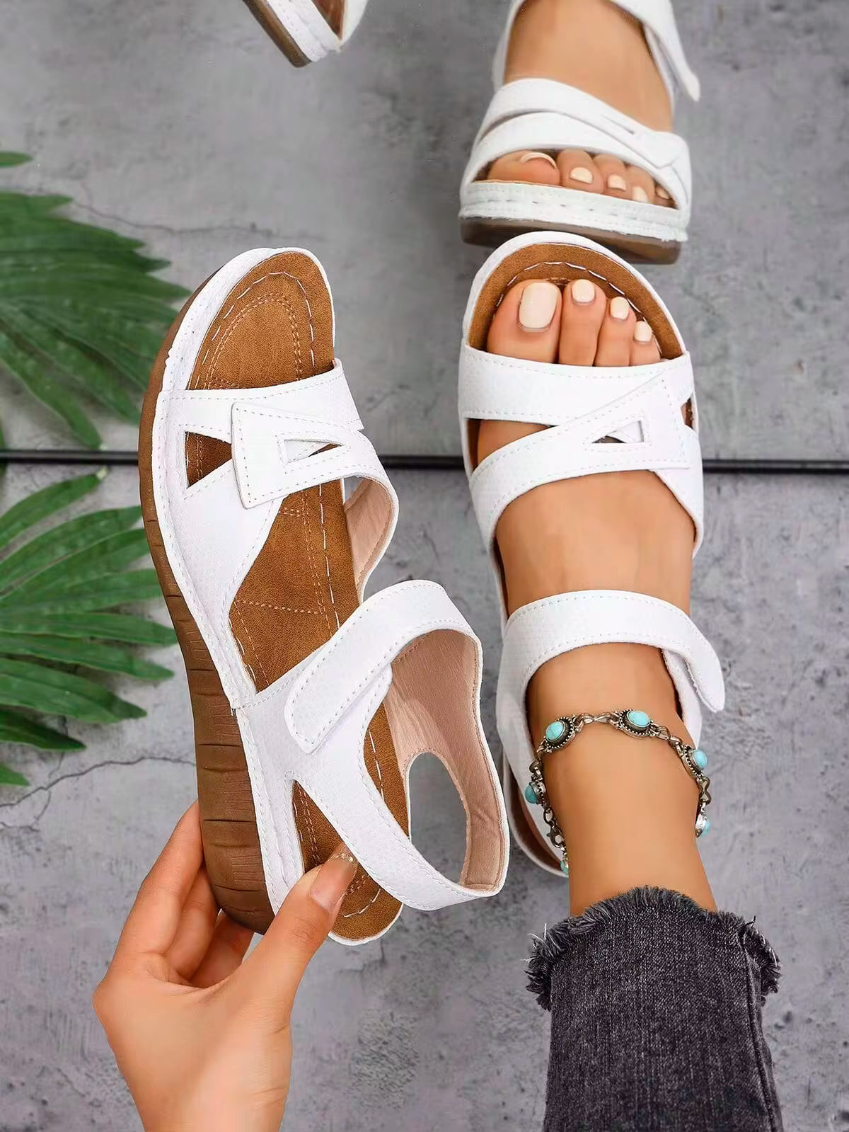 Women's Summer Casual Wedge Sandals, Hollow Out Design, Thick Sole, Embossed Adjustable Hook And Loop, Height Increasing, Comfortable Wedge, Open Toe, Solid Color Fashion Sandals