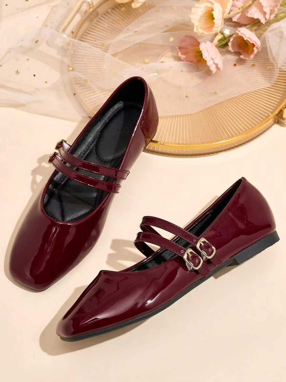 2026 New Women's Burgundy Glossy Square Toe Mary Jane Shoes, Unique Double Strap Buckle Design, Versatile For Commuting, Elegant Fashion, Casual Minimalist